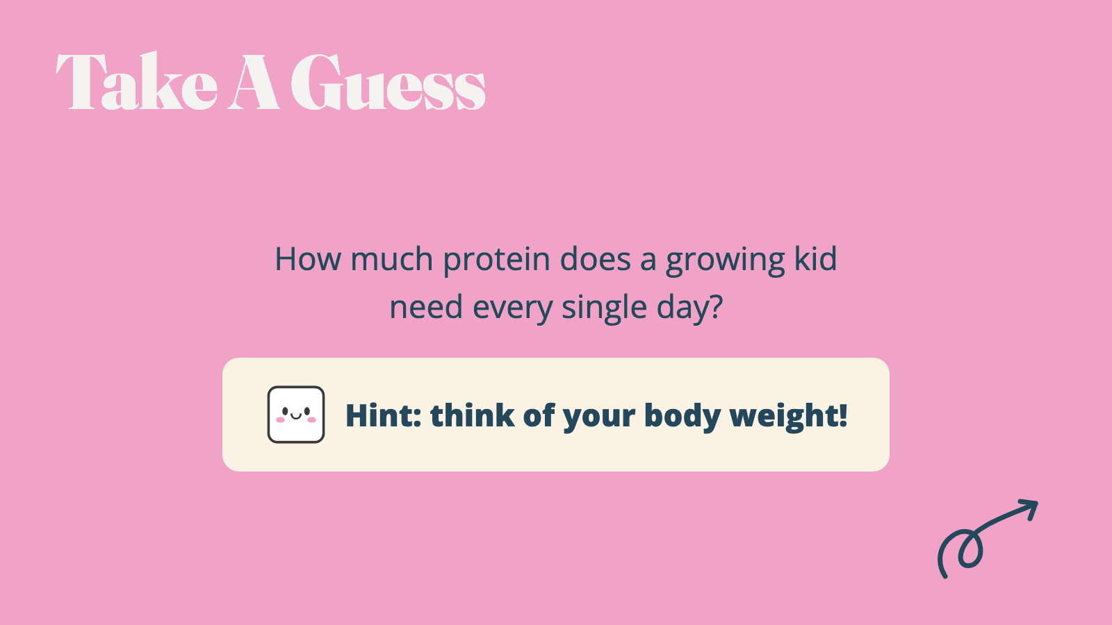 Engine-generated draft slide: a 'Take A Guess' question asking how much protein a growing kid needs each day
