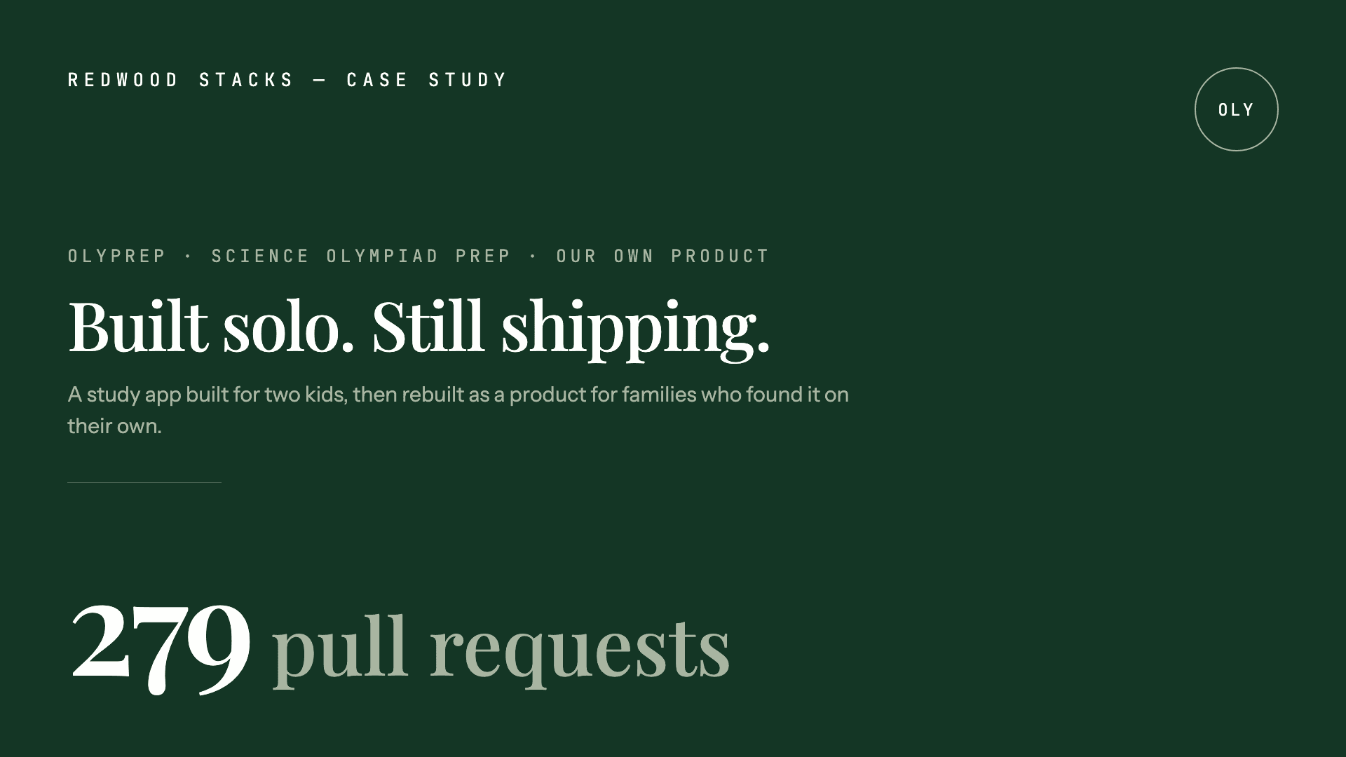 OlyPrep case study: built solo, still shipping, 279 pull requests.