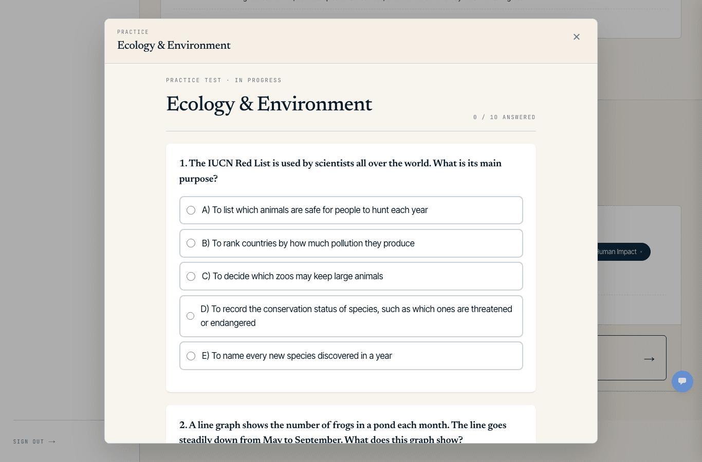A practice test in OlyPrep, showing a multiple-choice ecology question with five answer options.